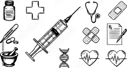  Sketch set of medical icons, syringe
