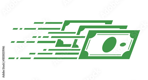 A dynamic vector illustration depicts green banknotes flying rapidly, symbolizing fast financial transactions, quick payments, or rapid wealth growth.
