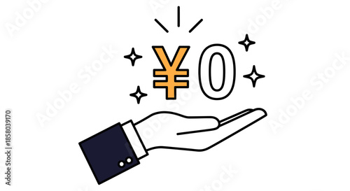 A vector illustration depicts a hand presenting zero Japanese Yen currency symbol, representing financial concepts of no cost, or free of charge in a clean, modern style.
