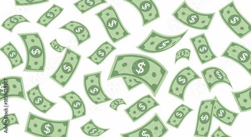 A cheerful vector illustration features many green dollar banknotes, each with a clear dollar sign, gracefully descending against a bright white backdrop.