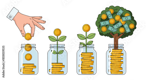 A hand placing coins into jars with growing plants and a money tree, symbolizing financial growth, investment, and wealth management in a colorful, vector illustration.