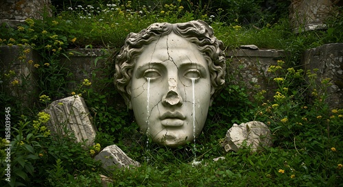 Weathered, cracked stone head sculpture with cascading water amid lush greenery