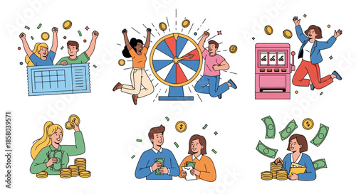 Excited diverse people celebrate winning money in casino games, depicted in a vibrant vector illustration with a slot machine and wheel of fortune.