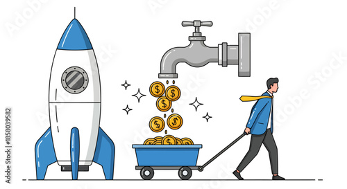 A dedicated businessman pulls a cart overflowing with golden coins from a running tap, symbolizing successful startup funding and rapid financial growth with a rocket.