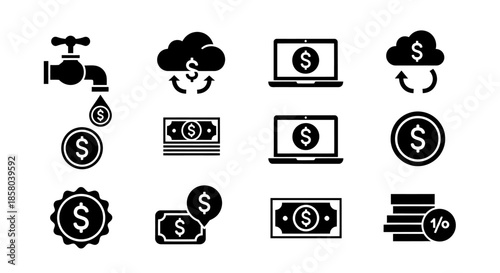 This vector illustration showcases various financial icons, including money flowing from a tap, cloud-based transactions, and laptop-based banking, all in a clean, minimalist style.
