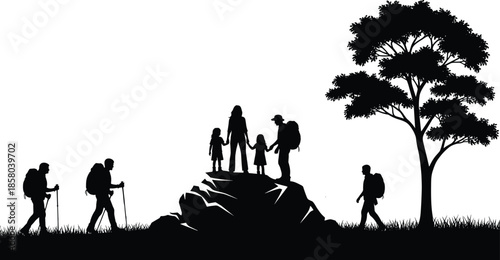 Family hiking adventure in nature, scenic outdoor trekking with kids, silhouette of hikers exploring forest trail, bonding, travel, and wilderness journey