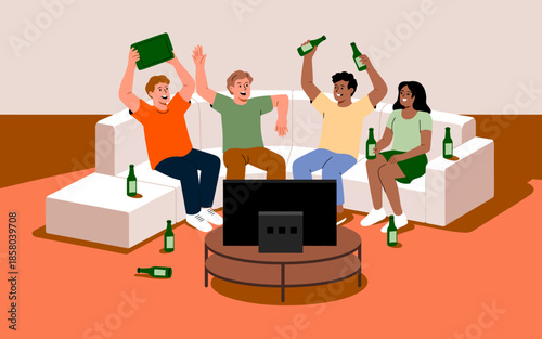 A lively group of friends joyfully celebrating together on a couch, capturing the essence of camaraderie, happiness, and shared experiences in a vibrant living room setting.