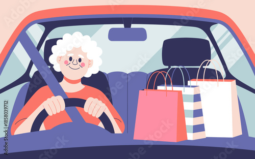 An illustration of a happy elderly woman driving a car, accompanied by colorful shopping bags, reflecting joy, independence, and a spirit of everyday adventure.