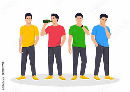 This image features a diverse group of four young men displaying various expressions and body language, adding vibrancy and relatability to modern social scenarios.