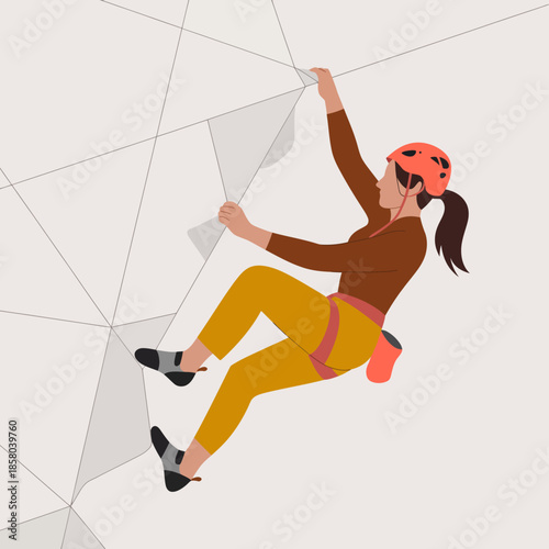 A determined female climber in a stylish outfit skillfully ascends a geometric rock wall, showcasing strength, focus, and confidence in her adventurous spirit.