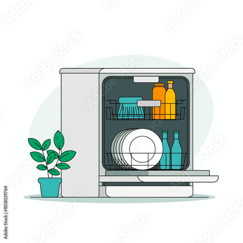 This clean and minimalist illustration of a dishwasher showcases its organized interior filled with dishes and bottles, emphasizing modern kitchen convenience and efficiency.