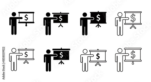 A vector illustration showing a person presenting a dollar sign on a whiteboard, symbolizing financial growth and business strategy in a simple, minimalist style.