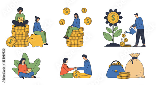 A vibrant vector illustration showcasing various financial concepts, including saving, investment, and wealth management, with diverse individuals interacting with money-related elements in a