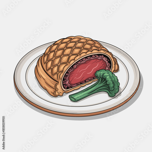 An elegant serving of Beef Wellington, featuring a golden pastry crust layered with tender meat and beautifully garnished with broccoli on a clean, white plate.