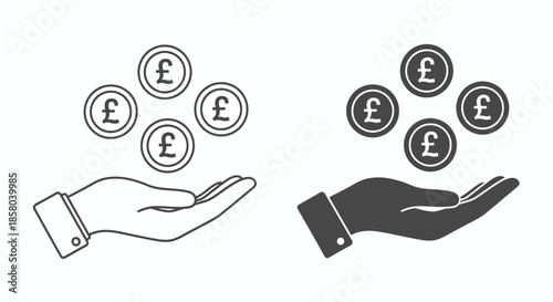 A vector illustration presents a hand holding floating British pound coins, symbolizing financial concepts like investment, savings, and wealth management, perfect for business and finance-related
