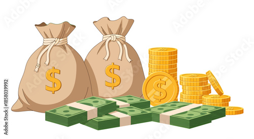 A vector illustration depicts stacks of golden coins, bundles of green cash, and money bags, representing wealth, savings, and financial prosperity.