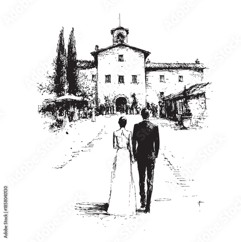 Hand drawn Italian style vintage wedding couple
