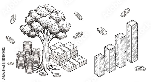 Conceptual vector illustration showcasing financial growth with stacks of money, coins, a tree, and a rising bar graph, symbolizing investment and prosperity.