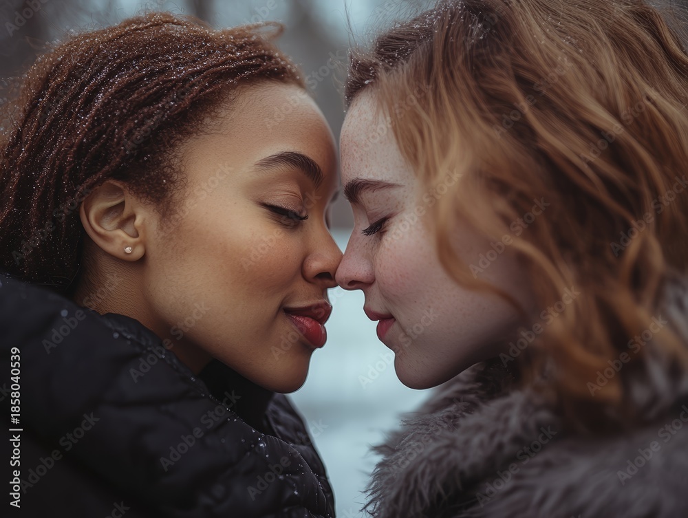 Obraz premium Winter Romance Close Up of Two Women s Faces