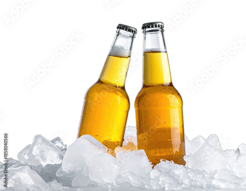Two glass bottles filled with a light amber liquid resting on a bed of ice cubes