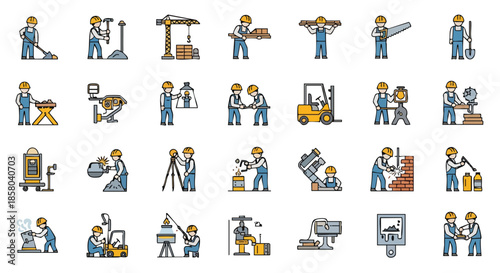 Industrial workers performing various construction and manufacturing tasks with specialized tools and machinery depicted in a clean icon set for