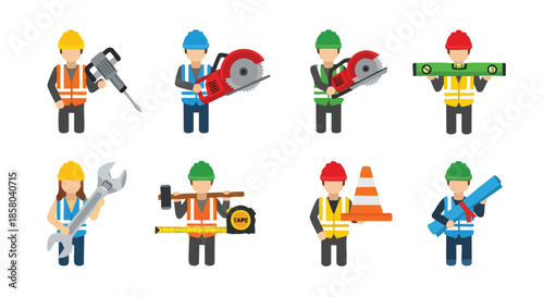 Diverse construction professionals showcasing essential tools and safety gear in a clean white backdrop for industrial and project-based visual needs