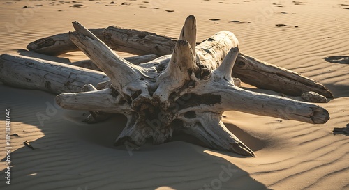 Weathered driftwood arrangement on sunlit sandy beach. Detailed texture, patterns, shadows, and natural elements