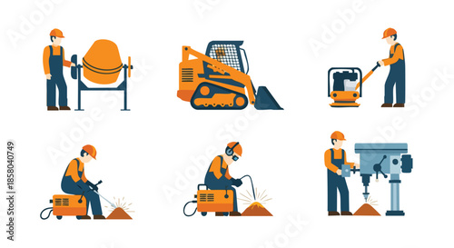 Construction Workers Operating Various Heavy Machinery and Tools for Building Projects