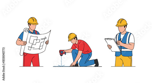 Construction workers illustrating various roles in building project management on a clean white background for design assets