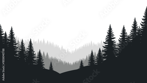 A serene minimalist landscape featuring layered evergreen trees fading into a misty white sky.