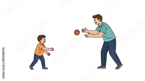 A father and son are playing catch with a ball in an isolated white background.