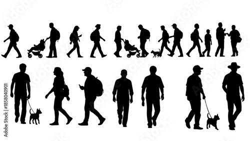 Silhouettes of people walking with and without strollers and dogs, showcasing diverse pedestrian activities.