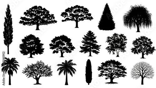 A collection of diverse tree silhouettes, showcasing various species and shapes, presented in black and white.