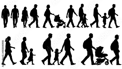 Silhouettes of people walking, including adults, children, and parents pushing strollers, depicted in a top-down perspective.