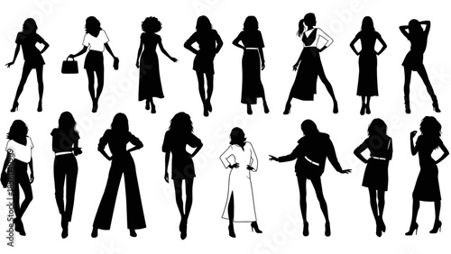Collection of diverse female fashion silhouettes showcasing various poses and outfits.