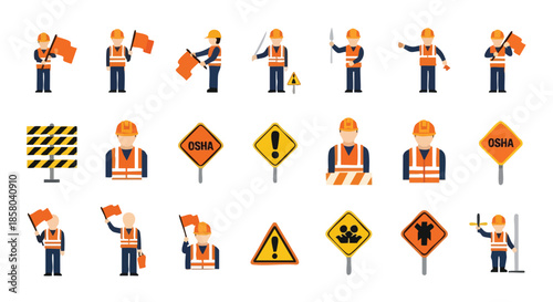 Construction worker and safety sign icons on white background illustrating workplace safety and guidance for efficient project management