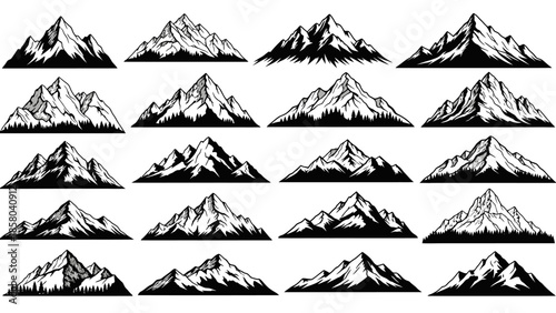 A collection of 20 distinct black and white illustrations of majestic mountain ranges, showcasing various peaks, slopes, and forested areas.