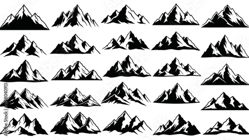 A collection of stylized black and white mountain range illustrations, showcasing various peaks and geological formations.