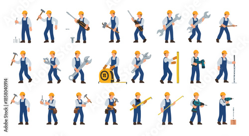 Collection of construction workers in action holding various tools and equipment against a white background