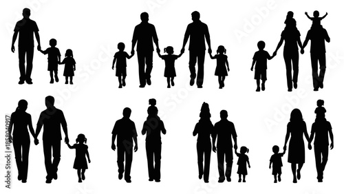 Silhouettes of families walking together, showcasing parents holding hands with their children.