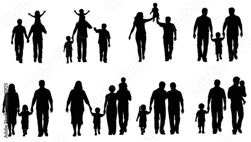 Silhouettes of diverse families walking together, representing unity and connection.