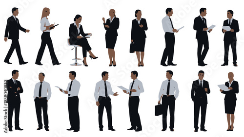 A collection of diverse business professionals in various poses, showcasing a range of formal attire and professional activities.