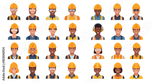 Diverse construction workers wearing safety helmets and high-visibility vests representing a professional workforce for industrial or building