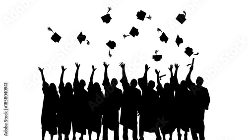 A silhouette of a graduating class tossing their caps in the air in celebration.