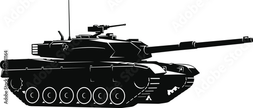 Military battle tank silhouette vector illustration, black and white heavy armored vehicle for defense, army warfare, and historical combat machinery design,
