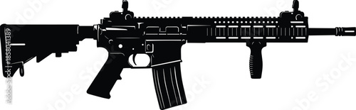 Modern assault rifle silhouette vector illustration, tactical automatic weapon icon, military firearm isolated on white background for action game and defense design,