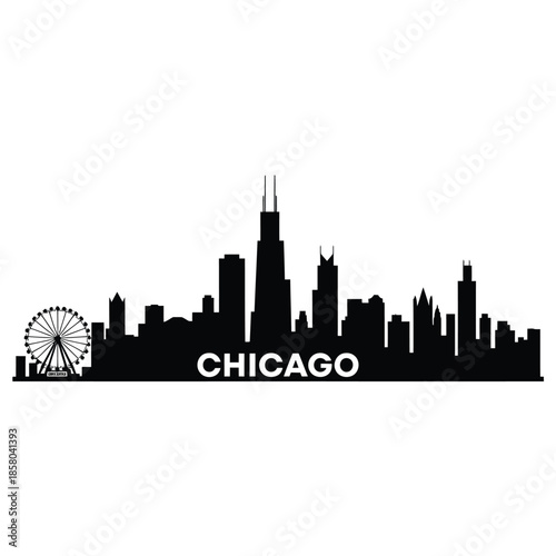 A striking black silhouette of the chicago skyline and ferris wheel