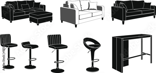 Modern furniture vector illustration collection set, comfortable home sofas and bar stools with high table isolated on white background for interior design,