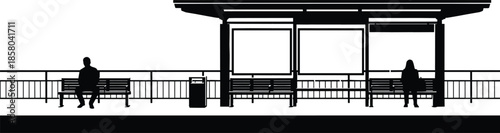 Modern train station platform vector silhouette illustration, people sitting on benches at public transport stop isolated on white background for travel design projects,