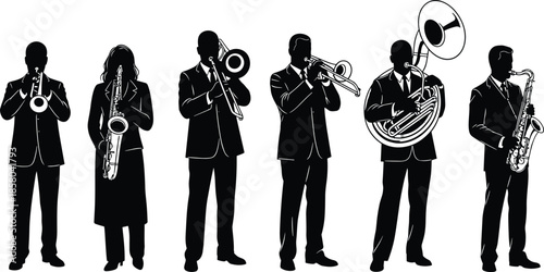 Musicians silhouette vector, brass and woodwind instruments, black illustration, band performance, jazz ensemble, concert pose, musical group, formal attire
